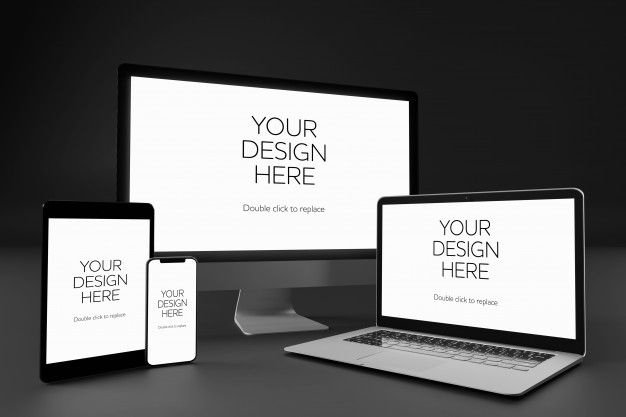 Premium PSD | View of a desktop, laptop, smartphone and tablet mockup