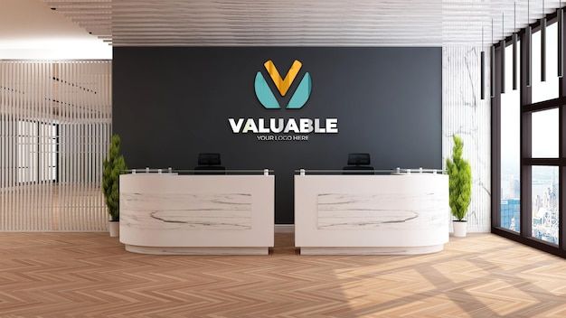 Premium PSD | Company logo mockup in the modern wooden office reception